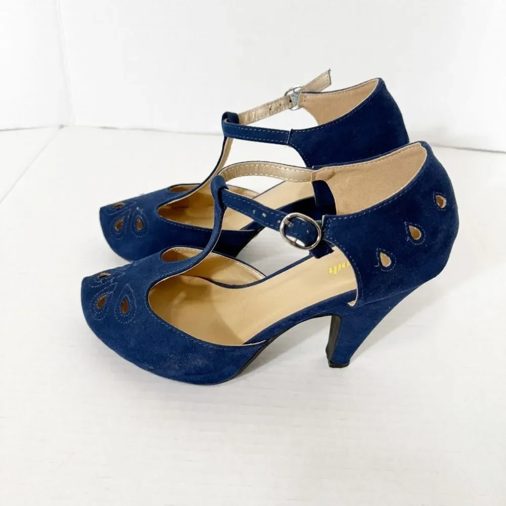 ModCloth Women’s T Strap‎ Blue Faux Suede Vintage Inspired Retro Pumps Size 9 W